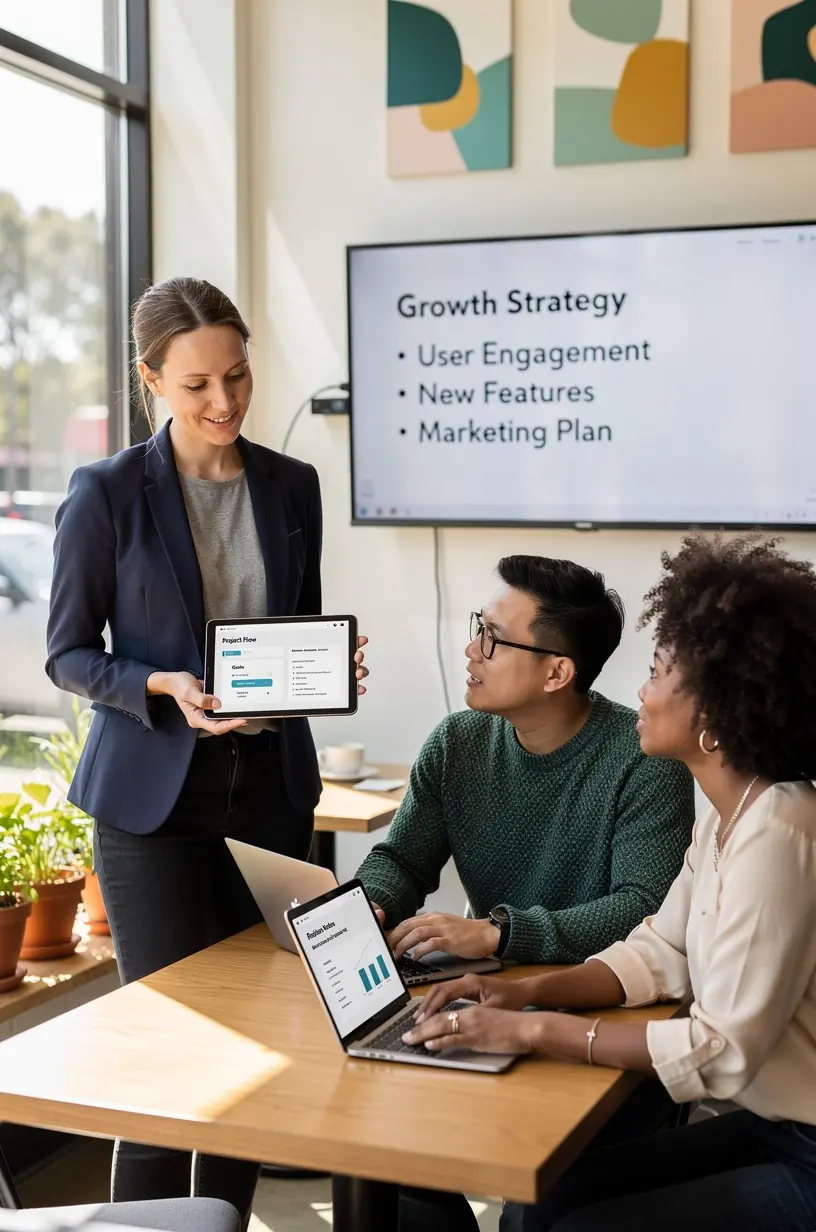 Workspace featuring multiple productivity tools and automation software on a laptop and smartphone