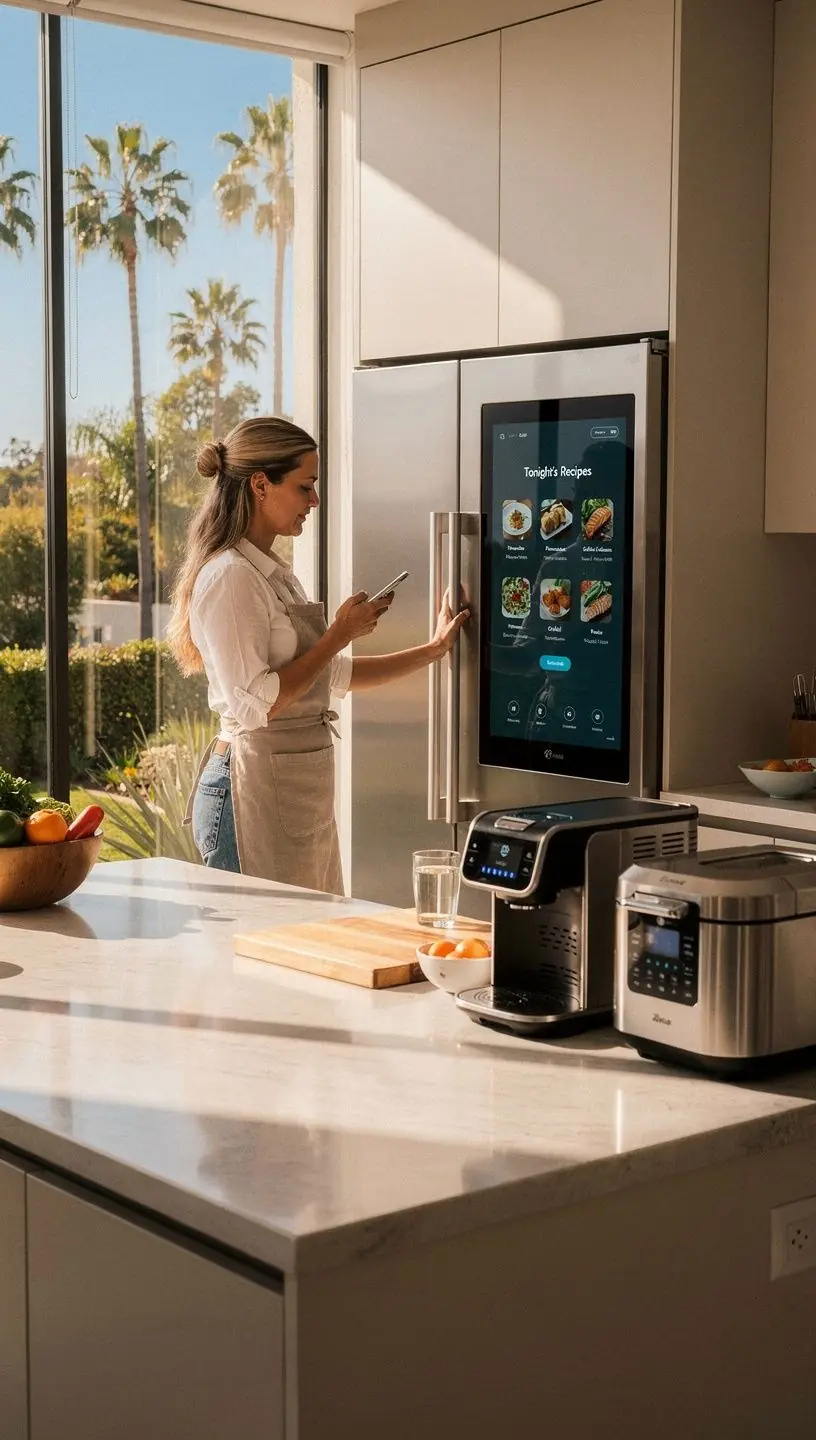 Modern home interior with automated lighting and smart device controls on a tablet screen